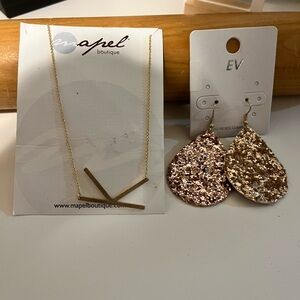 GOLD AND PINK SET- Papell Boutique Gold Necklace and EV Glitter Earrings Set NWT
